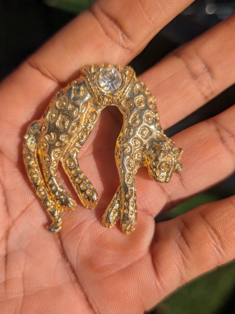 Gold-Tone Leopard Brooch with Clear Crystal Accent